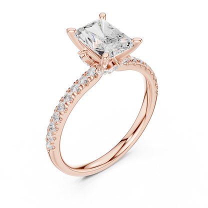 Front view of rose gold radiant solitaire ring with pave diamond band and lab-grown diamond – Australia