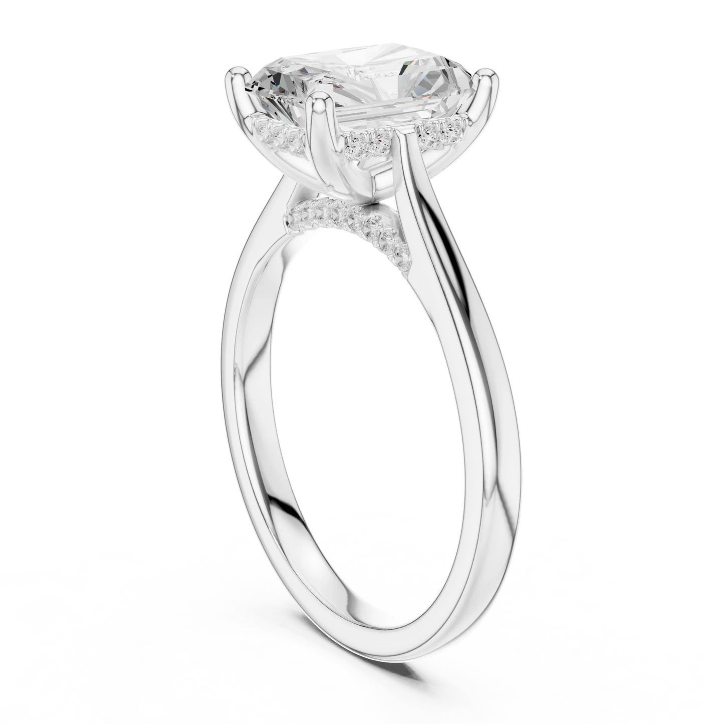 Back view of white gold radiant solitaire ring with plain domed band and lab-grown diamond – Australia