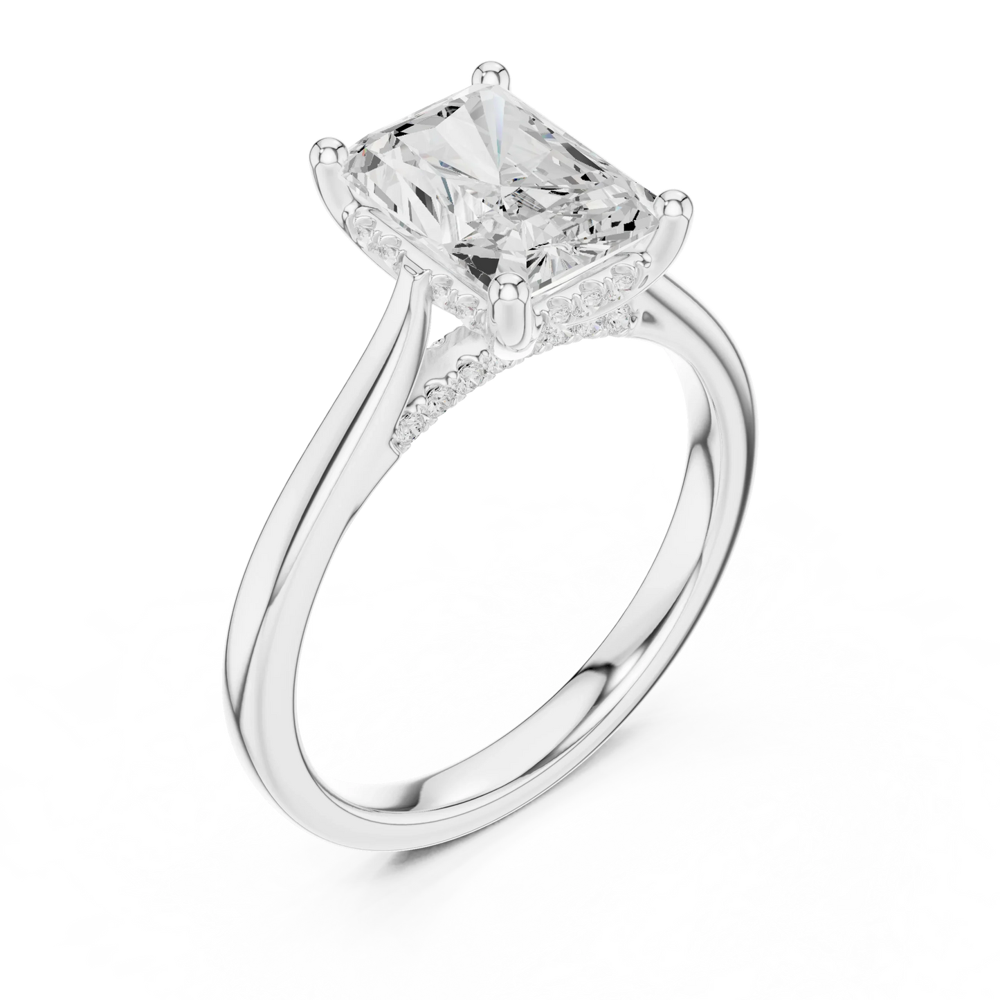 Front view of white gold radiant solitaire ring with plain domed band and lab-grown diamond – Australia