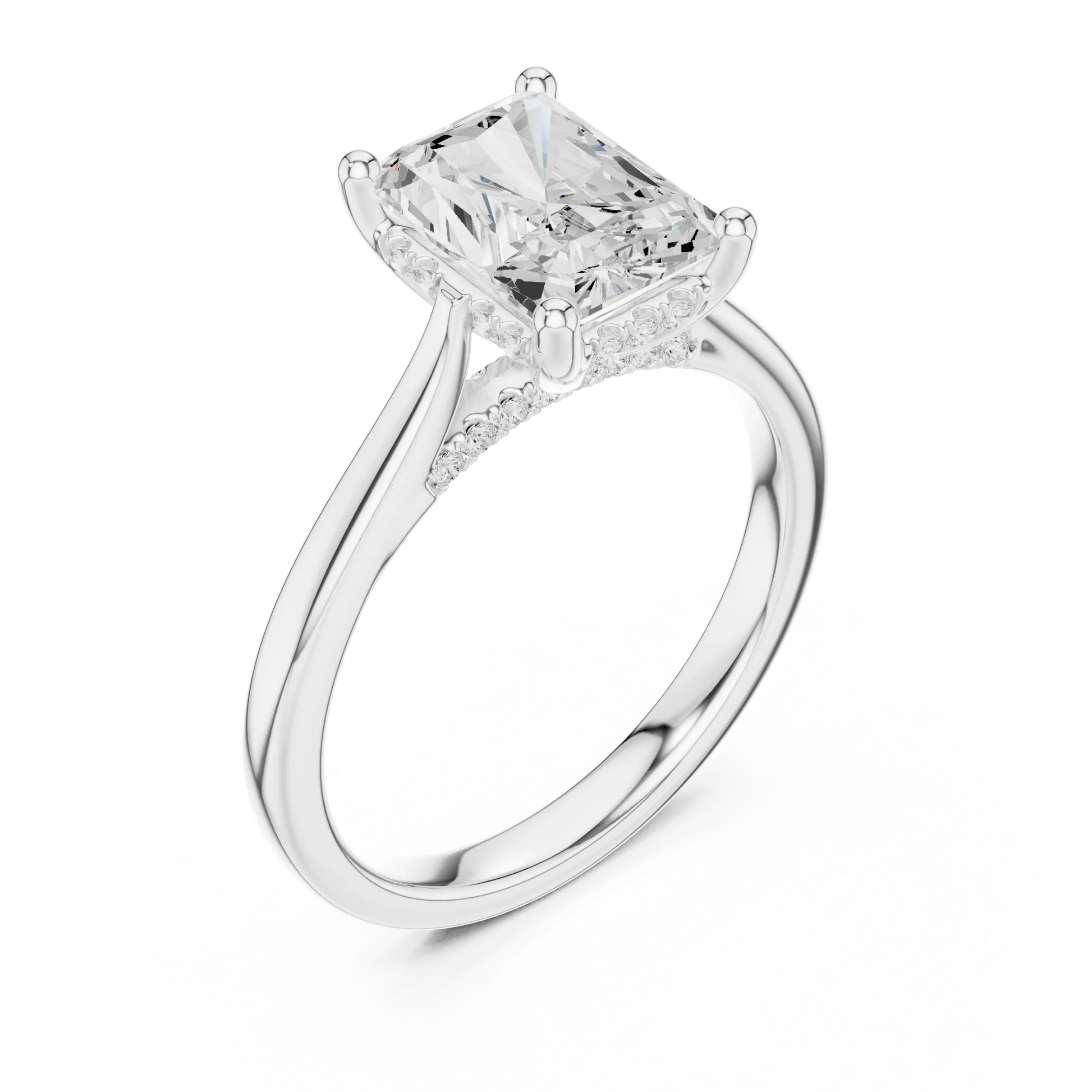 Front view of white gold radiant solitaire ring with plain domed band and lab-grown diamond – Australia