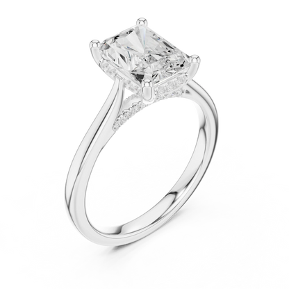 Front view of white gold radiant solitaire ring with plain domed band and lab-grown diamond – Australia