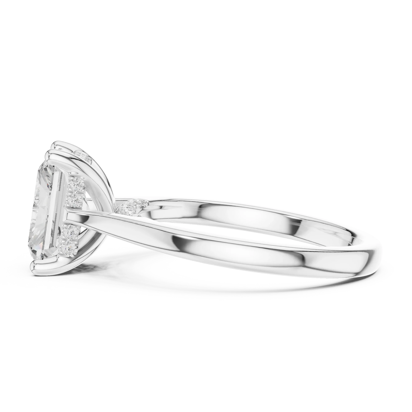 Side view of white gold radiant solitaire ring with plain domed band and lab-grown diamond – Australia