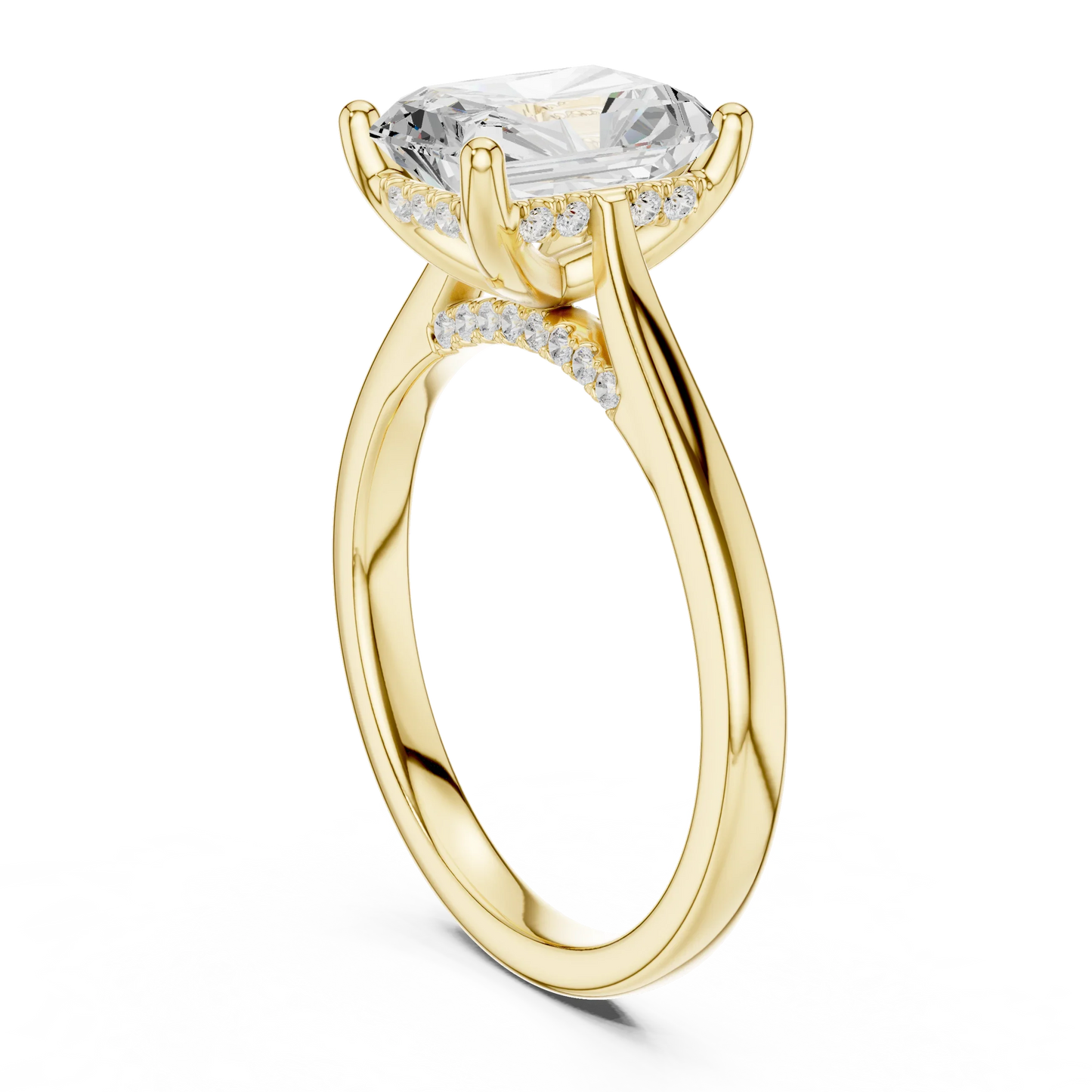 Back view of yellow gold radiant solitaire ring with plain domed band and lab-grown diamond – Australia