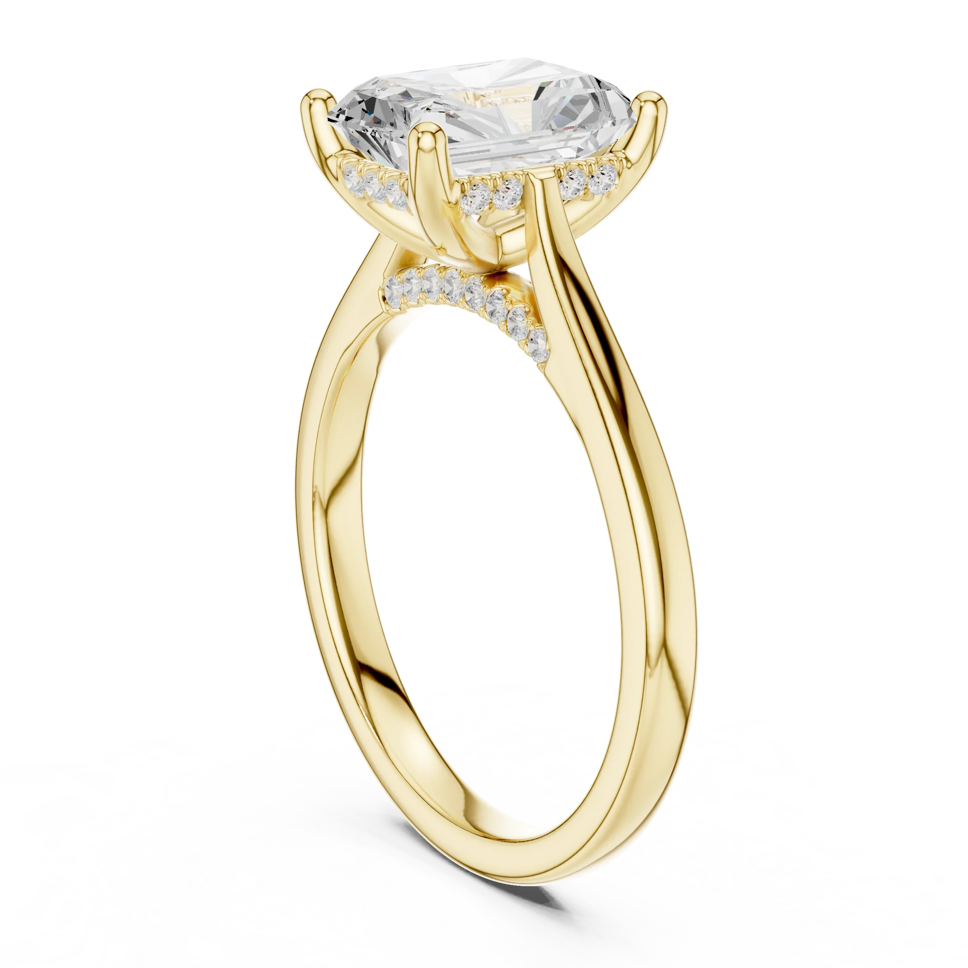 Back view of yellow gold radiant solitaire ring with plain domed band and lab-grown diamond – Australia