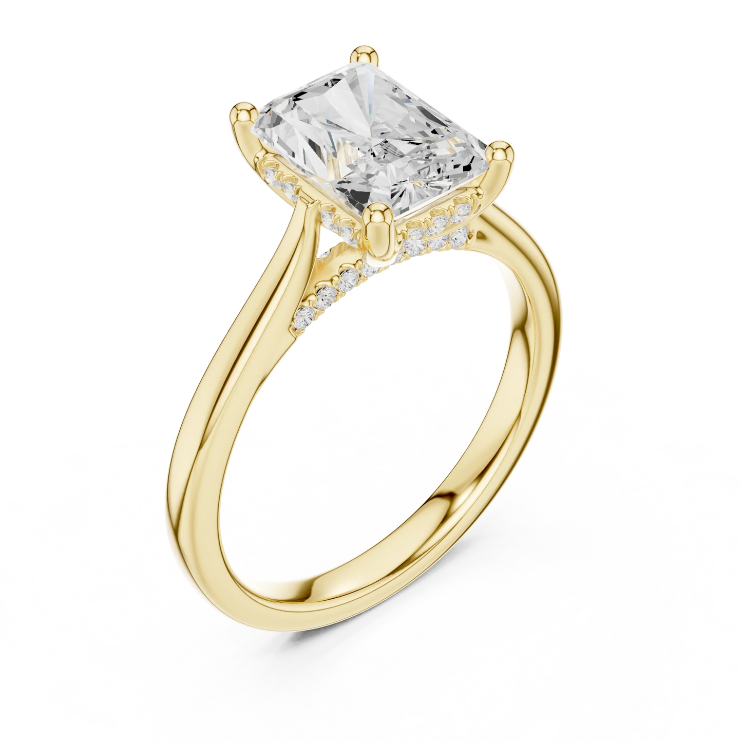 Front view of yellow gold radiant solitaire ring with plain domed band and lab-grown diamond – Australia
