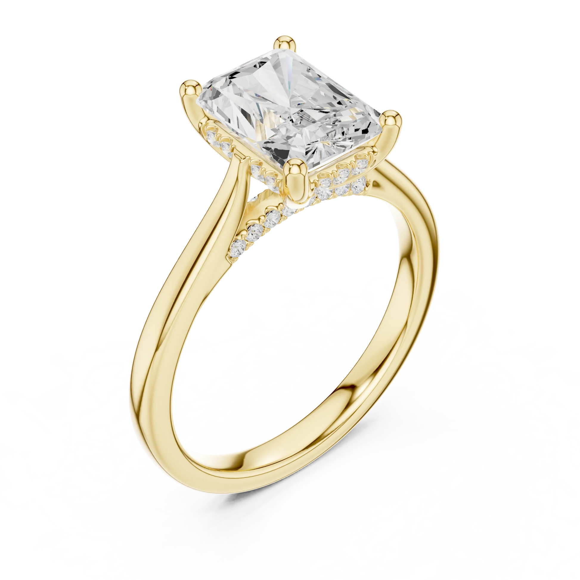 Front view of yellow gold radiant solitaire ring with plain domed band and lab-grown diamond – Australia
