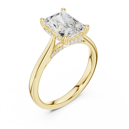 Front view of yellow gold radiant solitaire ring with plain domed band and lab-grown diamond – Australia