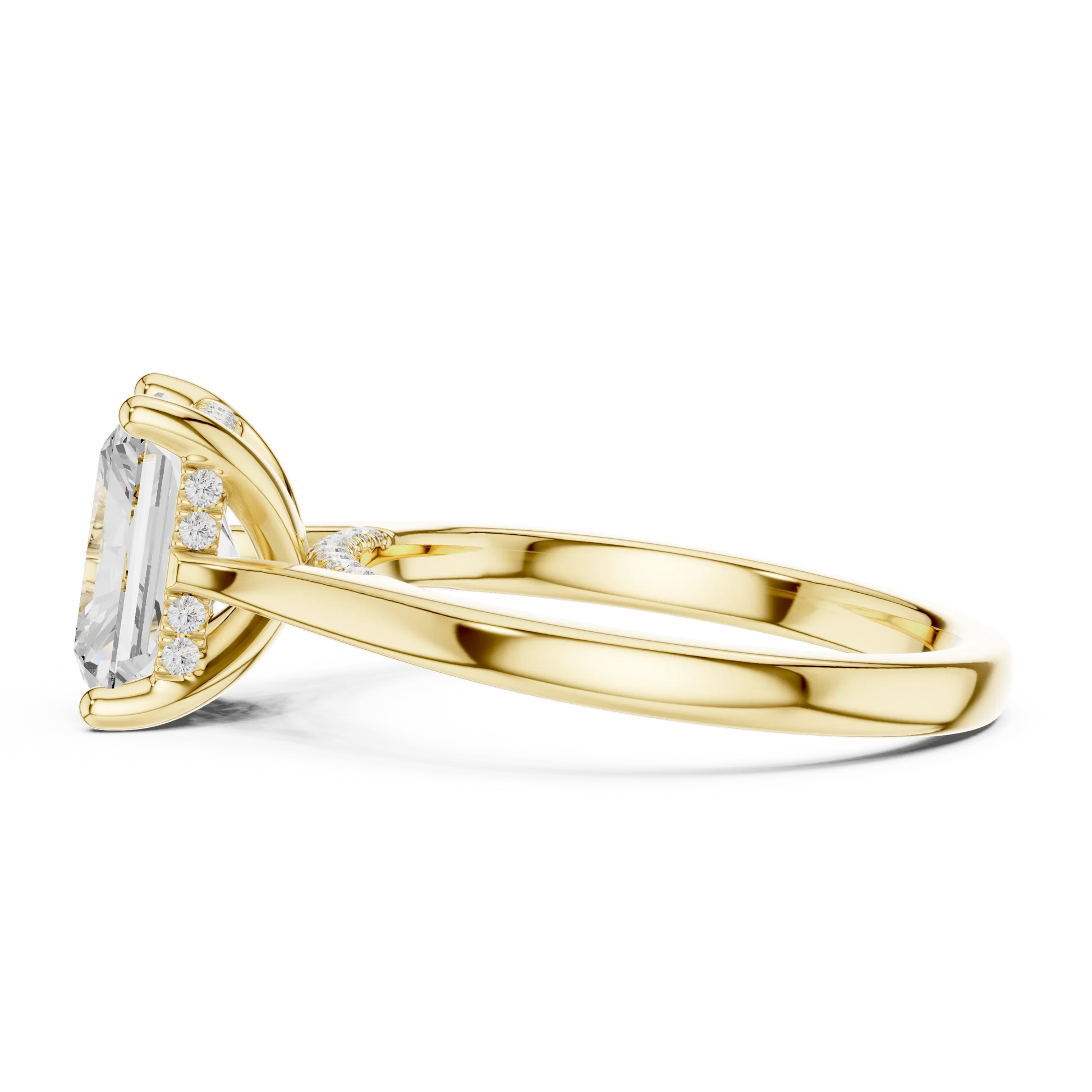 Side view of yellow gold radiant solitaire ring with plain domed band and lab-grown diamond – Australia