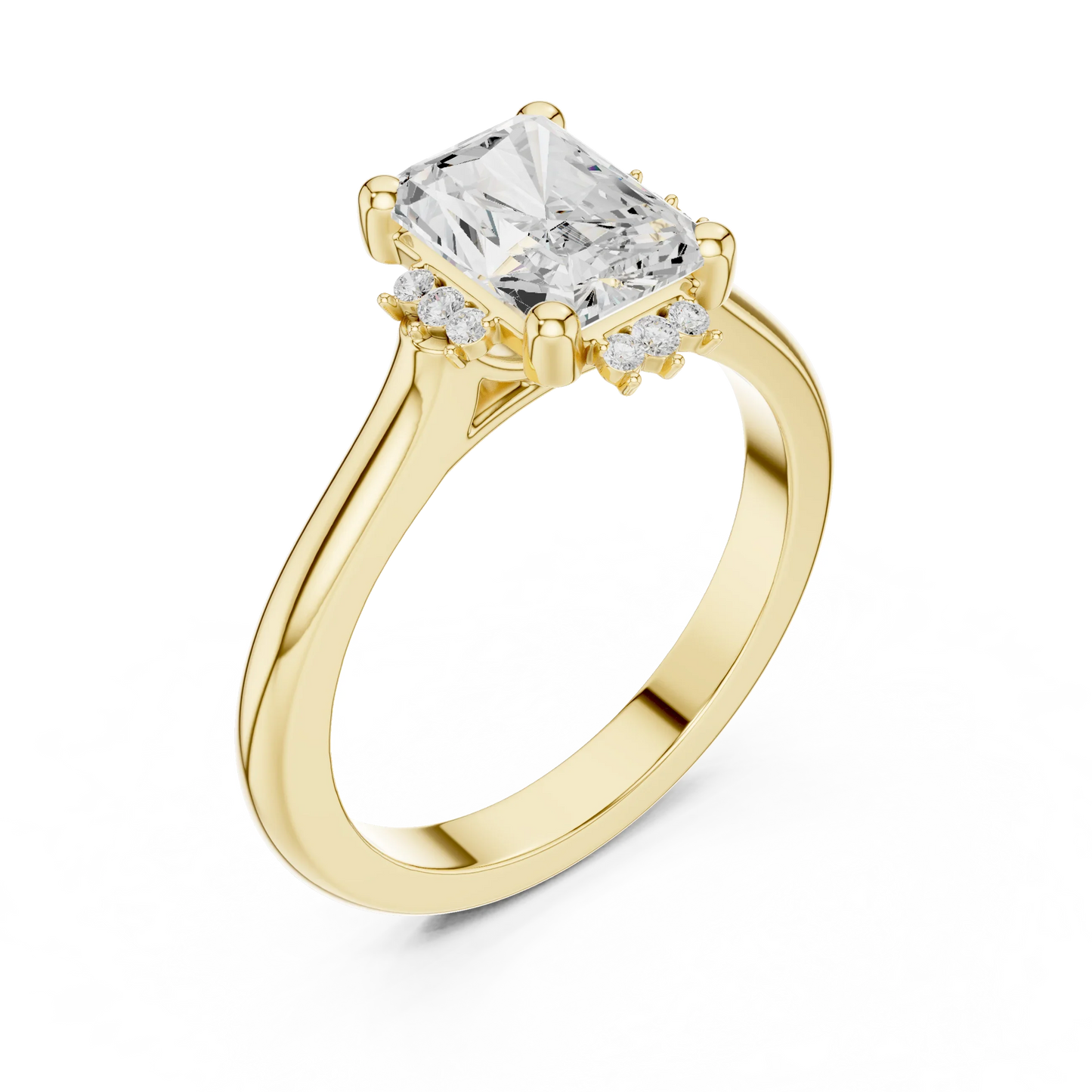 Front view of yellow gold radiant starburst cluster halo ring with plain domed band and lab-grown diamond 鈥?Australia