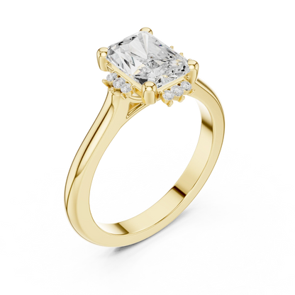 Front view of yellow gold radiant starburst cluster halo ring with plain domed band and lab-grown diamond 鈥?Australia
