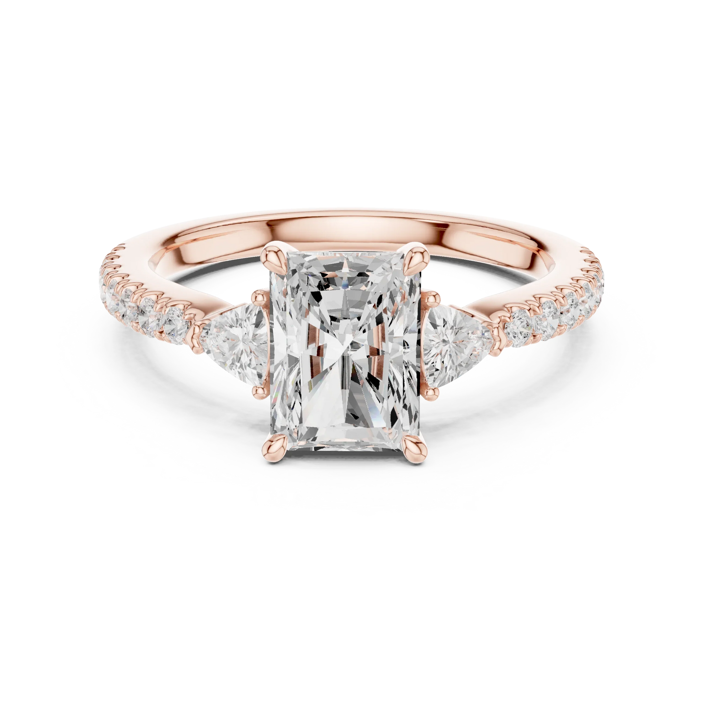 Lab-grown radiant cut three stone diamond ring with half moon side stones and pave band in rose gold, top view