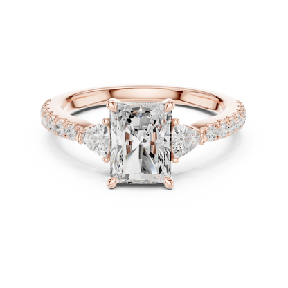Lab-grown radiant cut three stone diamond ring with half moon side stones and pave band in rose gold, top view