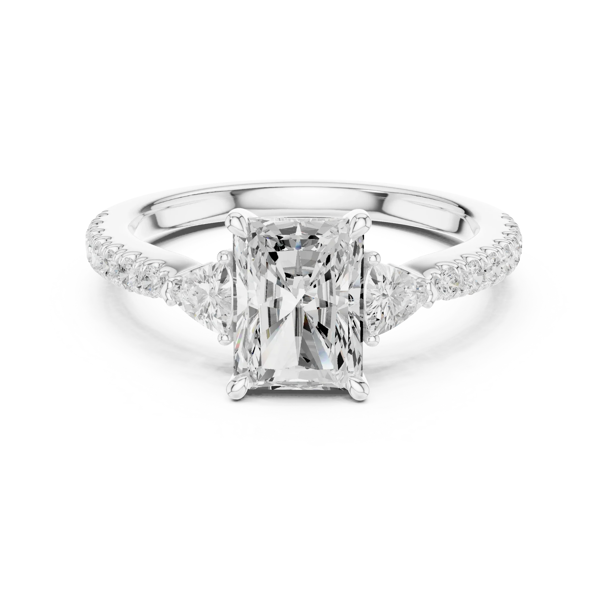 Lab-grown radiant cut three stone diamond ring with half moon side stones and pave band in white gold, top view