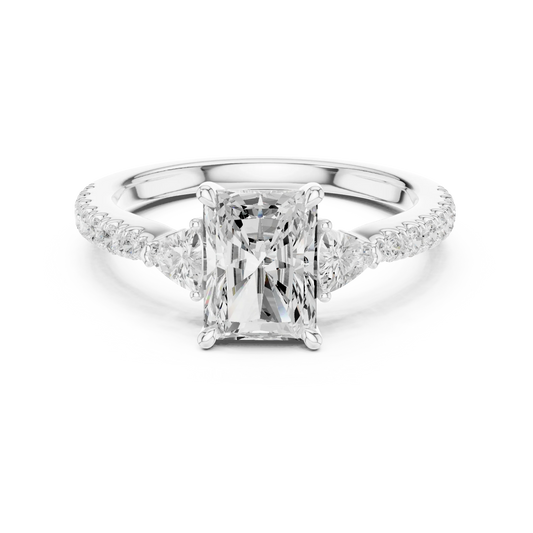 Lab-grown radiant cut three stone diamond ring with half moon side stones and pave band in white gold, top view