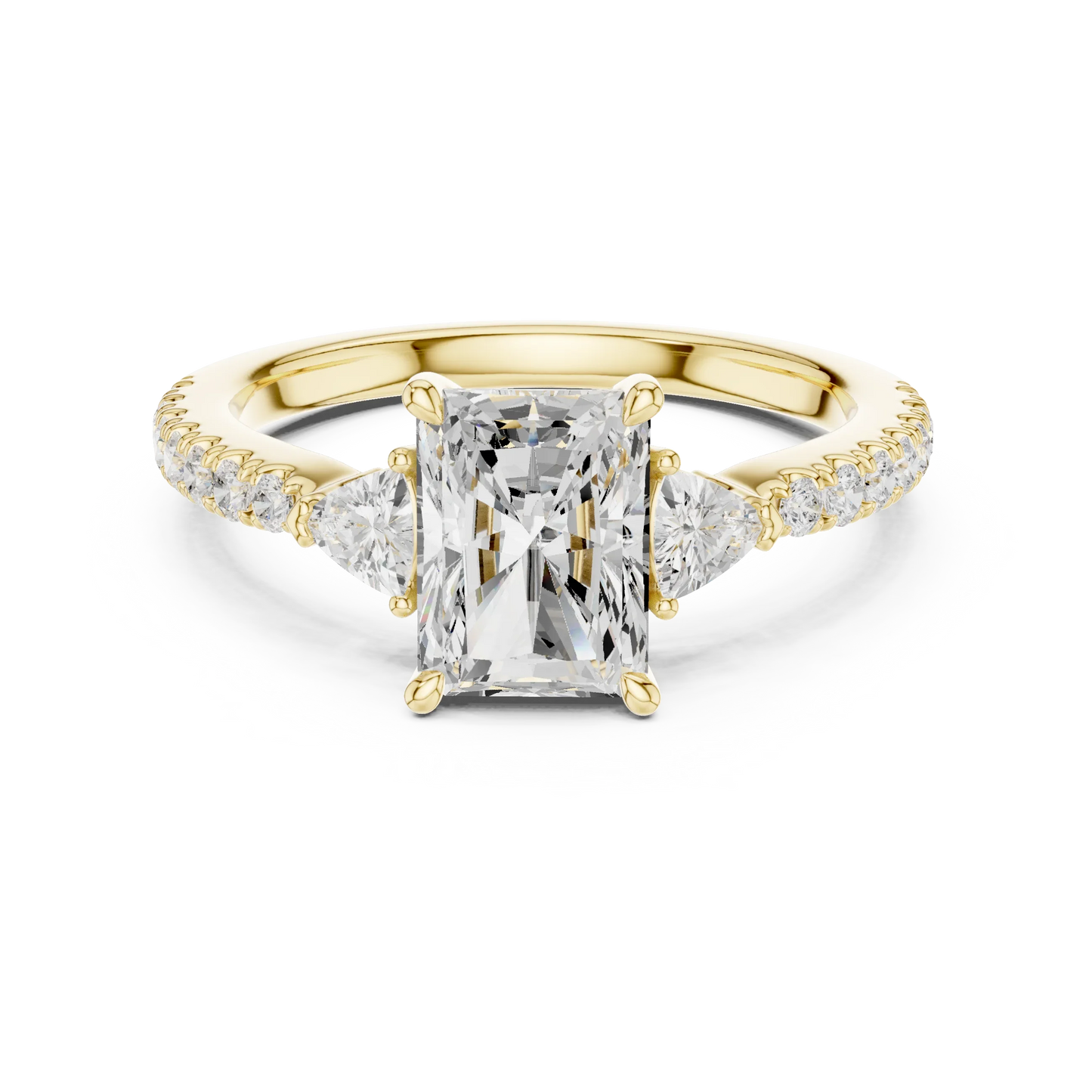 Lab-grown radiant cut three stone diamond ring with half moon side stones and pave band in yellow gold, top view.
