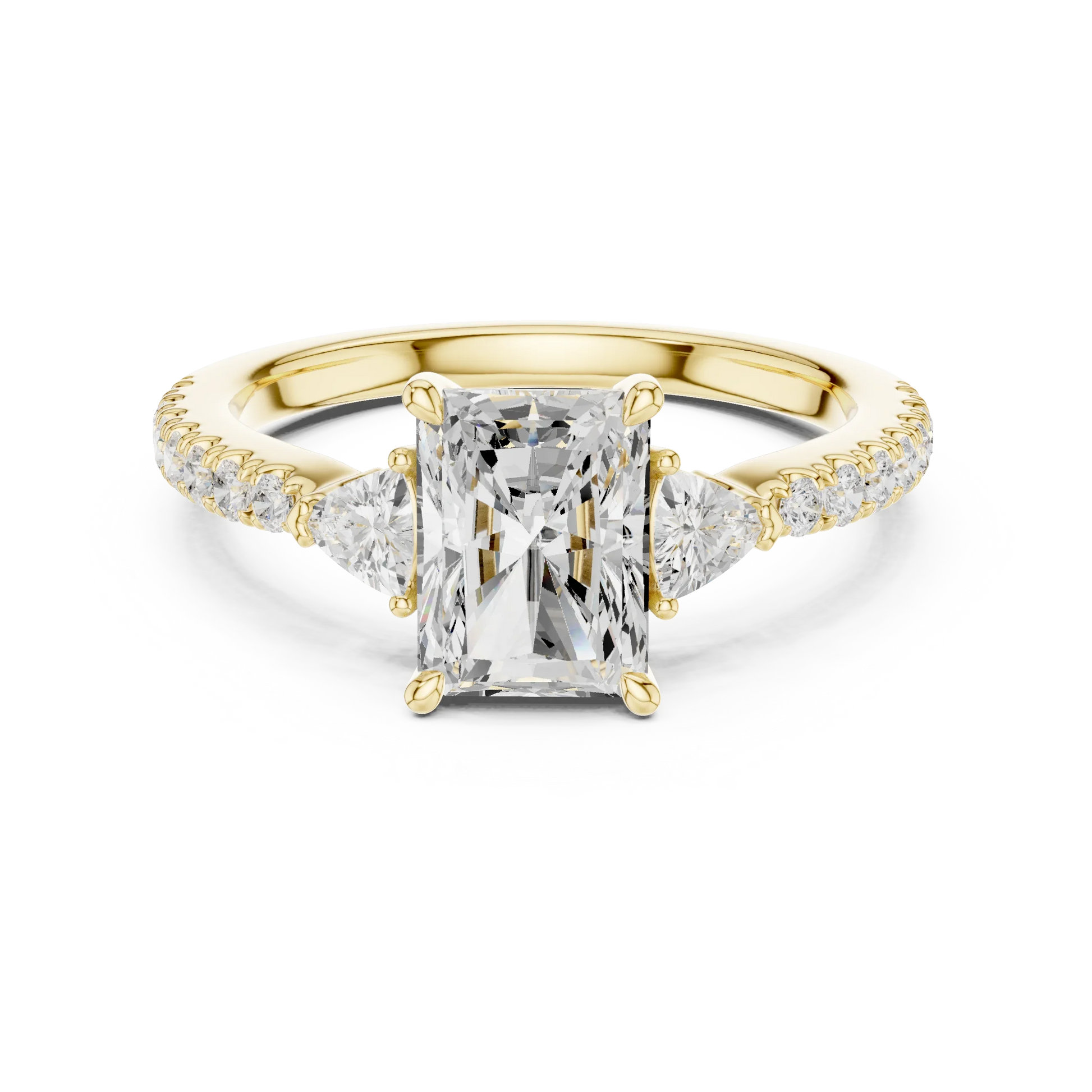 Lab-grown radiant cut three stone diamond ring with half moon side stones and pave band in yellow gold, top view.