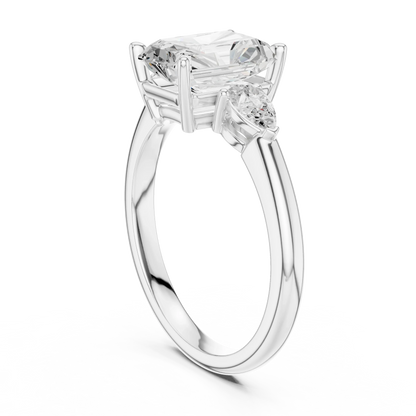 Back side view of white gold radiant three-stone ring with pear side stones and lab-grown diamond 鈥?Australia