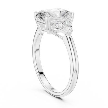 Back side view of white gold radiant three-stone ring with trillion cut side stones and lab-grown diamond 鈥?Australia