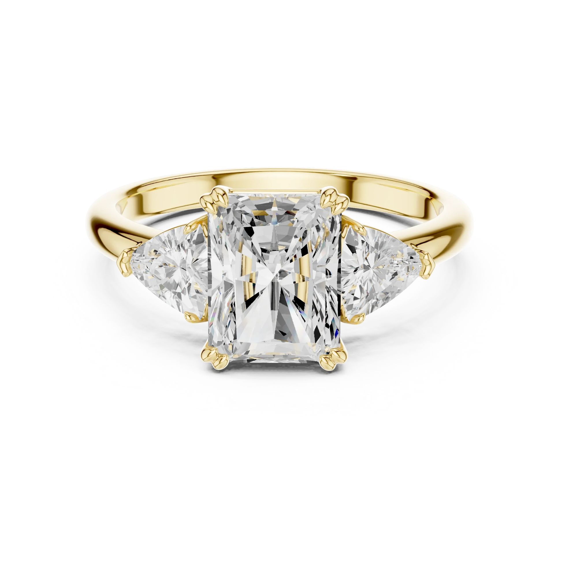 Radiant three-stone ring in yellow gold with trillion cut side stones and lab-grown diamond 鈥?Australia