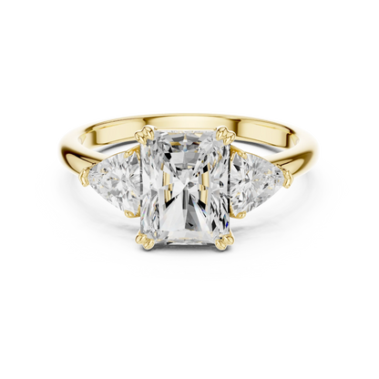 Radiant three-stone ring in yellow gold with trillion cut side stones and lab-grown diamond 鈥?Australia