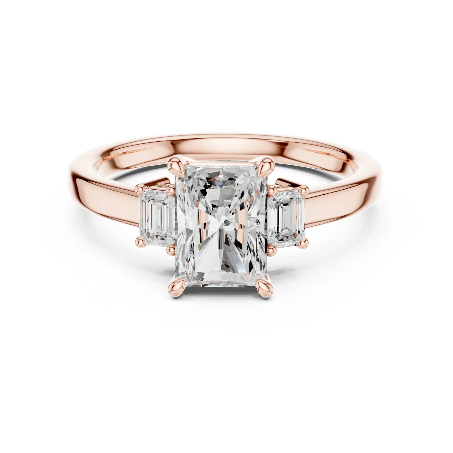 Radiant three stone engagement ring with emerald cut side stones in rose gold, lab grown diamond, Australia DFE