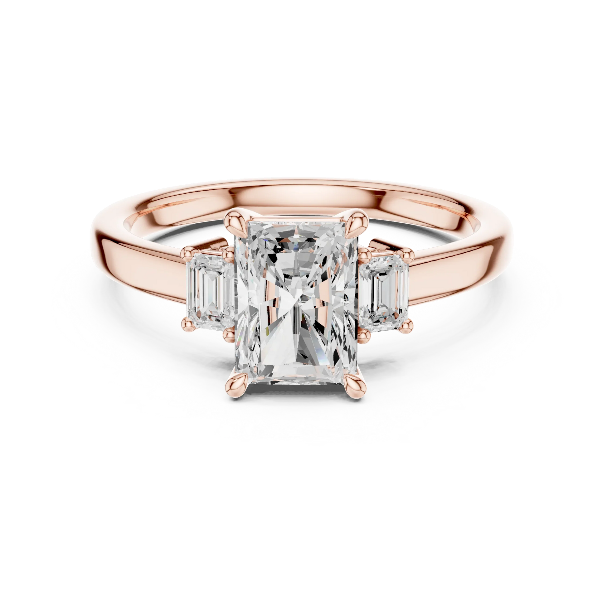 Radiant three stone engagement ring with emerald cut side stones in rose gold, lab grown diamond, Australia DFE