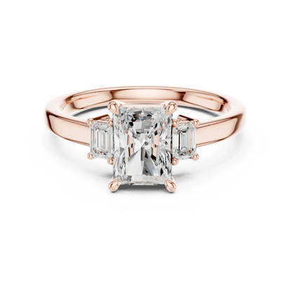 Radiant three stone engagement ring with emerald cut side stones in rose gold, lab grown diamond, Australia DFE