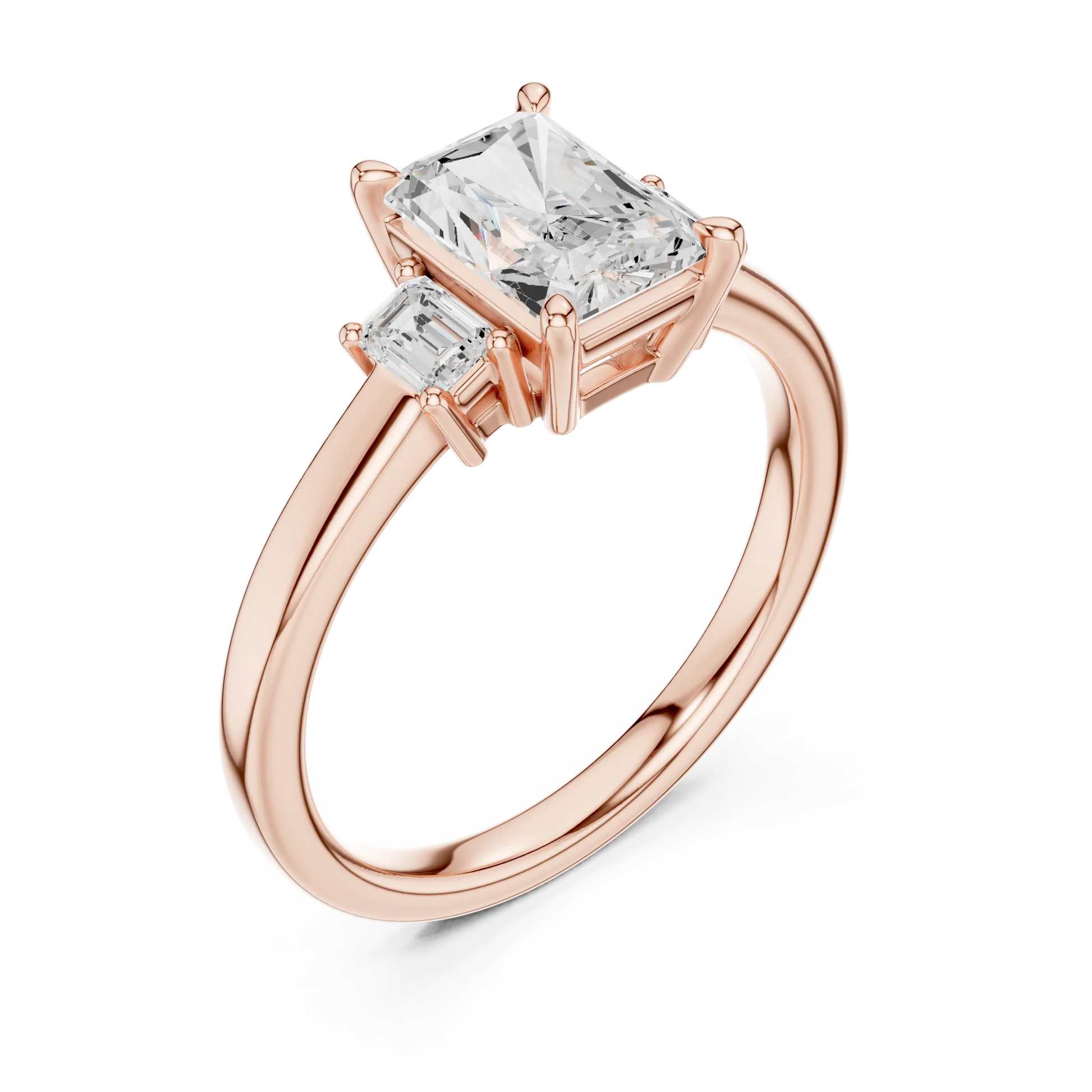 Radiant three stone engagement ring with emerald cut side stones in rose gold, lab grown diamond, front view, Australia DFE