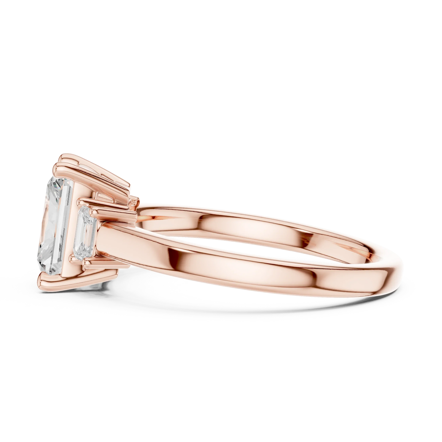 Radiant three stone engagement ring with emerald cut side stones in rose gold, lab grown diamond, side view, Australia DFE