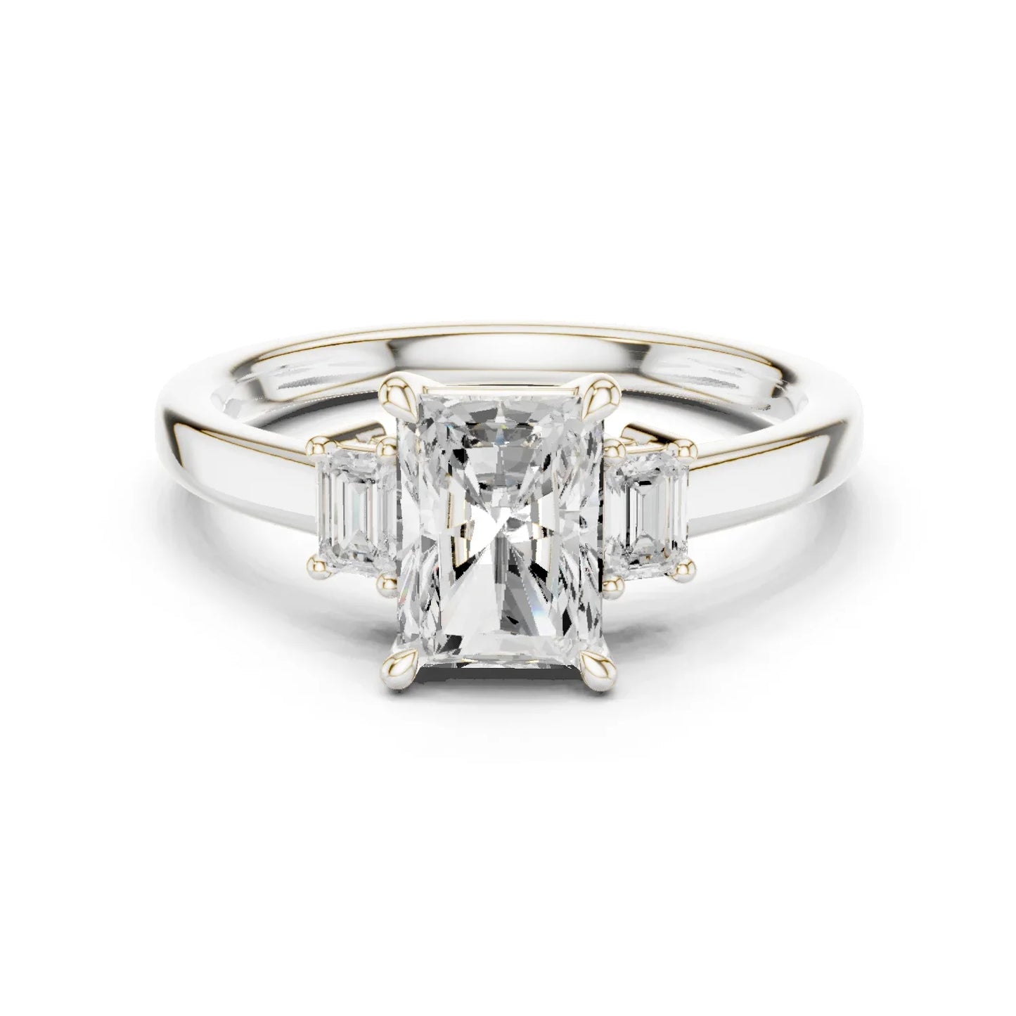 Radiant three stone engagement ring with emerald cut side stones in white gold, lab grown diamond, Australia DFE