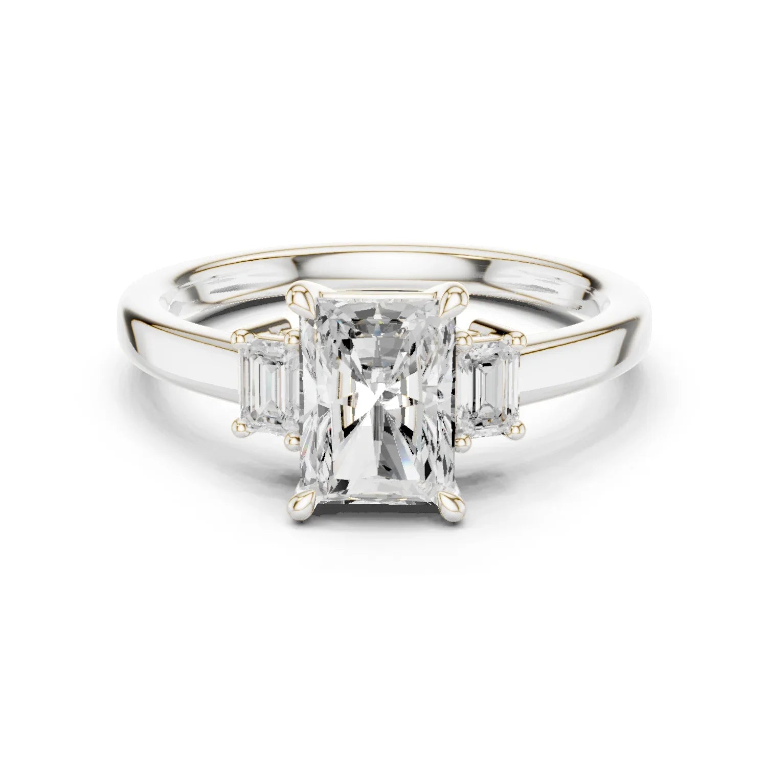 Radiant three stone engagement ring with emerald cut side stones in white gold, lab grown diamond, Australia DFE