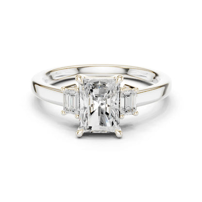 Radiant three stone engagement ring with emerald cut side stones in white gold, lab grown diamond, Australia DFE