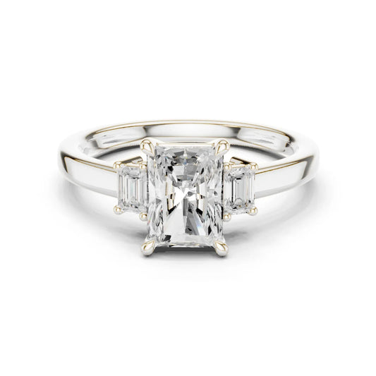 Radiant three stone engagement ring with emerald cut side stones in white gold, lab grown diamond, Australia DFE