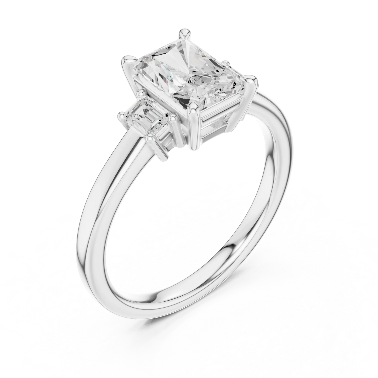 Radiant three stone engagement ring with emerald cut side stones in white gold, lab grown diamond, front view, Australia DFE