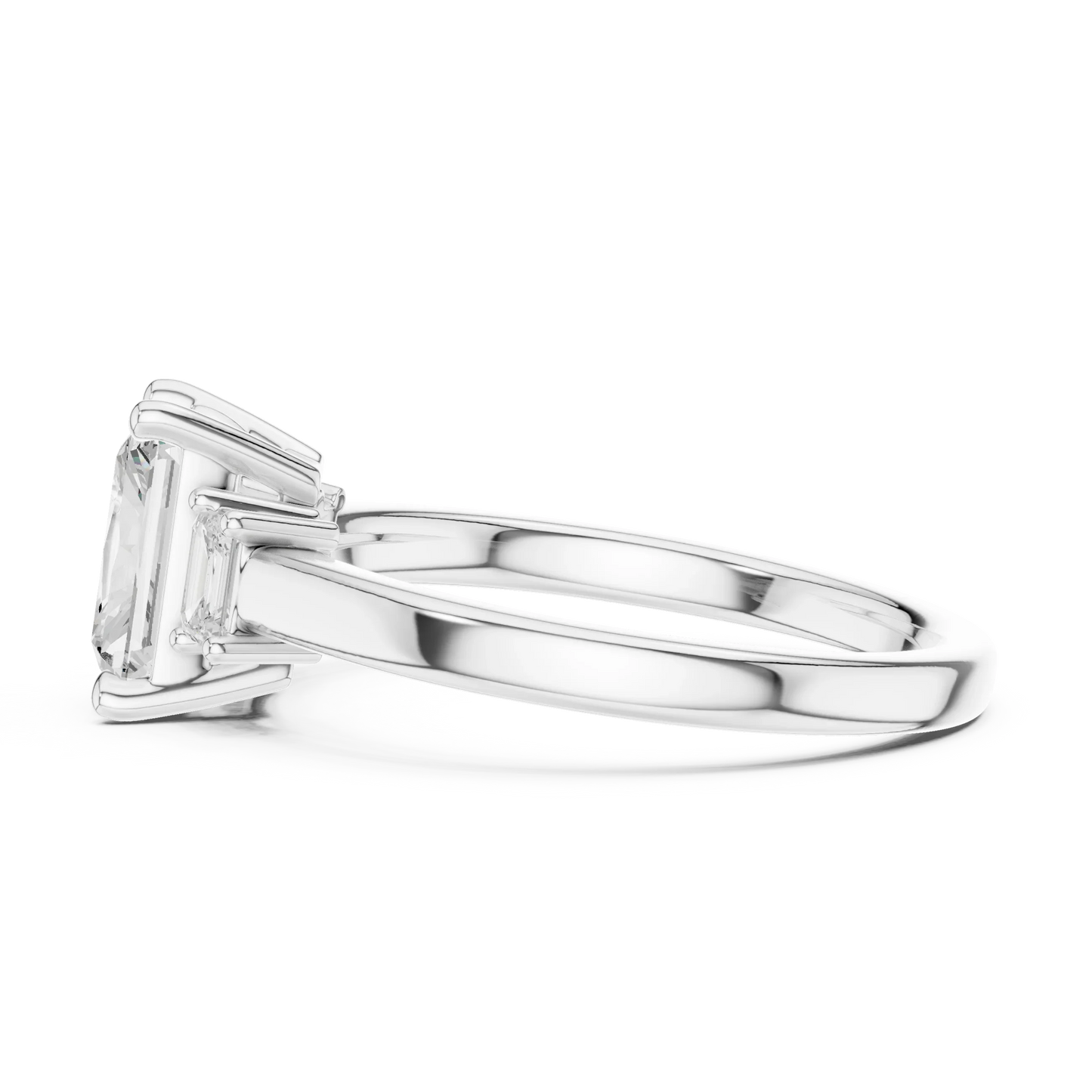 Radiant three stone engagement ring with emerald cut side stones in white gold, lab grown diamond, side view, Australia DFE
