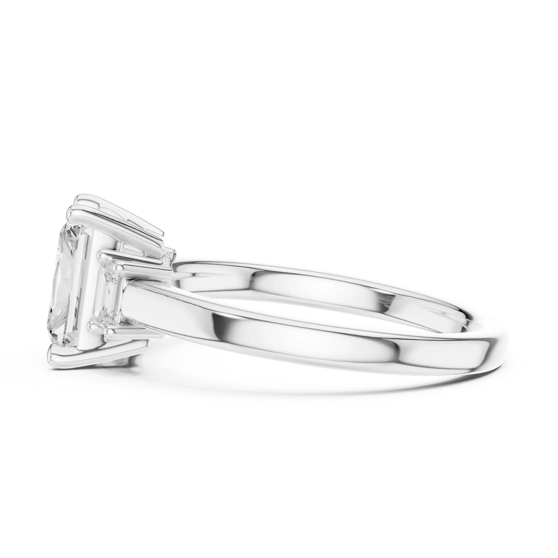 Radiant three stone engagement ring with emerald cut side stones in white gold, lab grown diamond, side view, Australia DFE