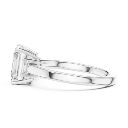 Radiant three stone engagement ring with emerald cut side stones in white gold, lab grown diamond, side view, Australia DFE