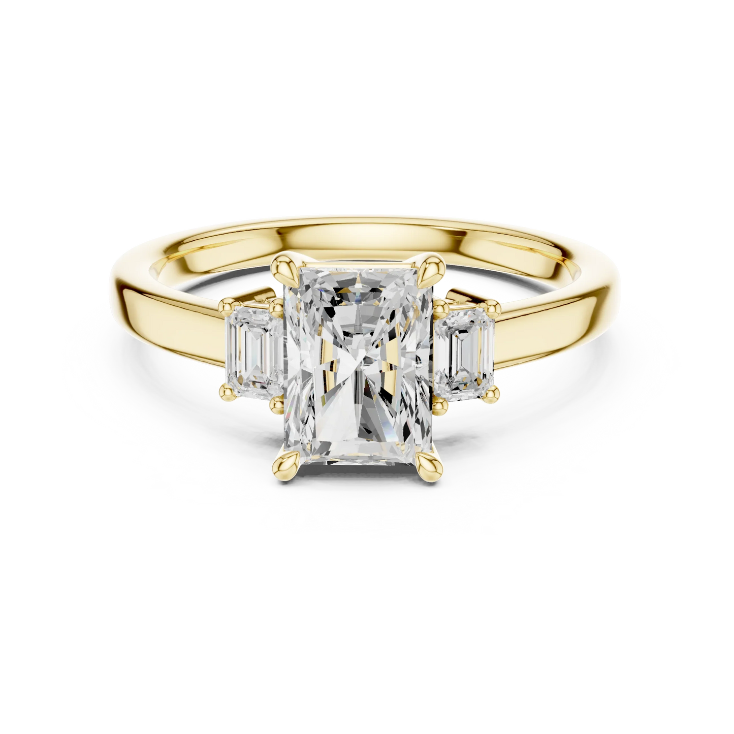 Radiant three stone engagement ring with emerald cut side stones in yellow gold, lab grown diamond, Australia DFE