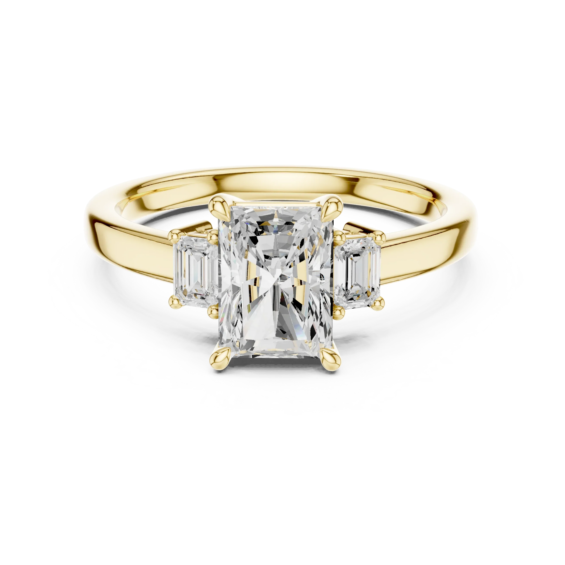 Radiant three stone engagement ring with emerald cut side stones in yellow gold, lab grown diamond, Australia DFE