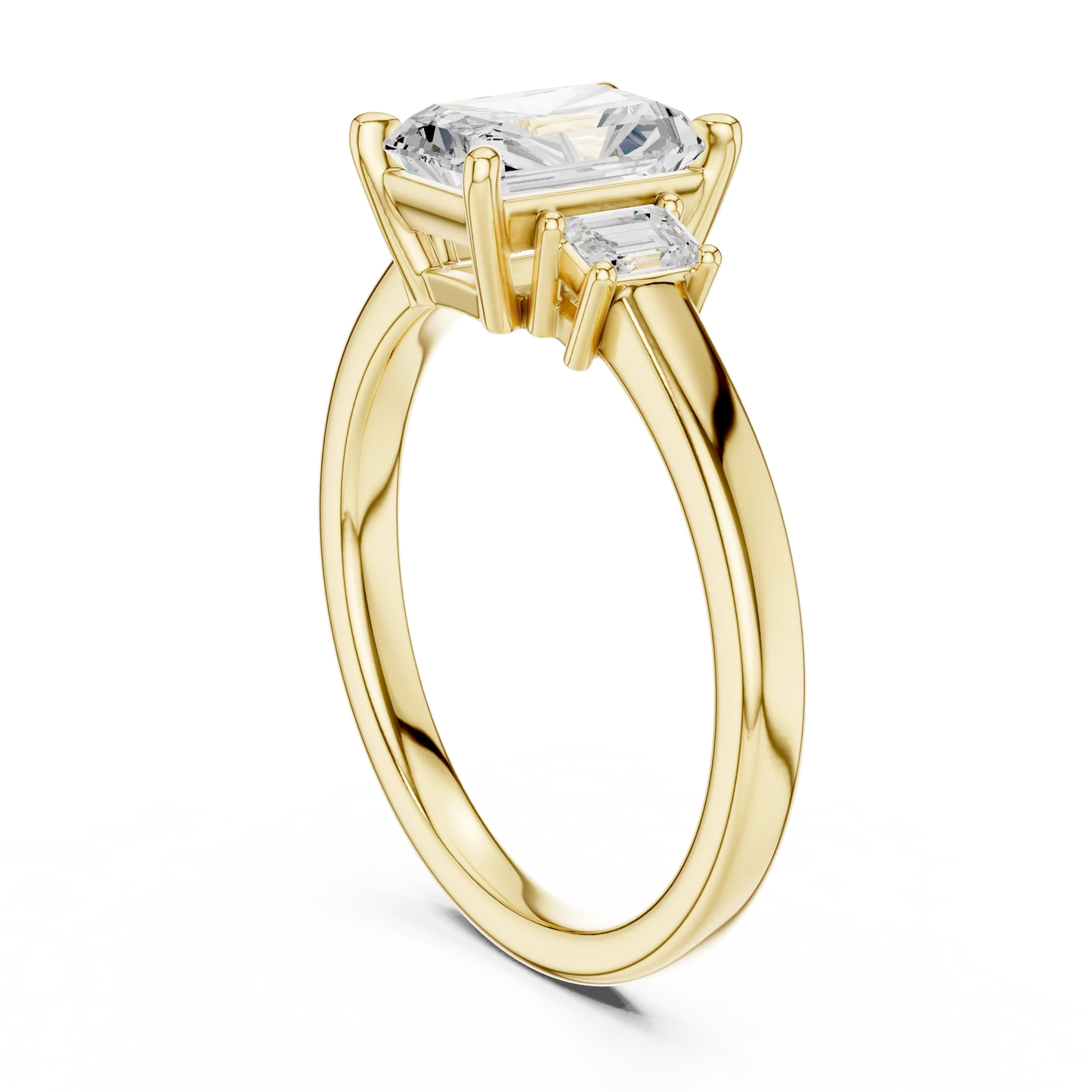 Radiant three stone engagement ring with emerald cut side stones in yellow gold, lab grown diamond, back view, Australia DFE