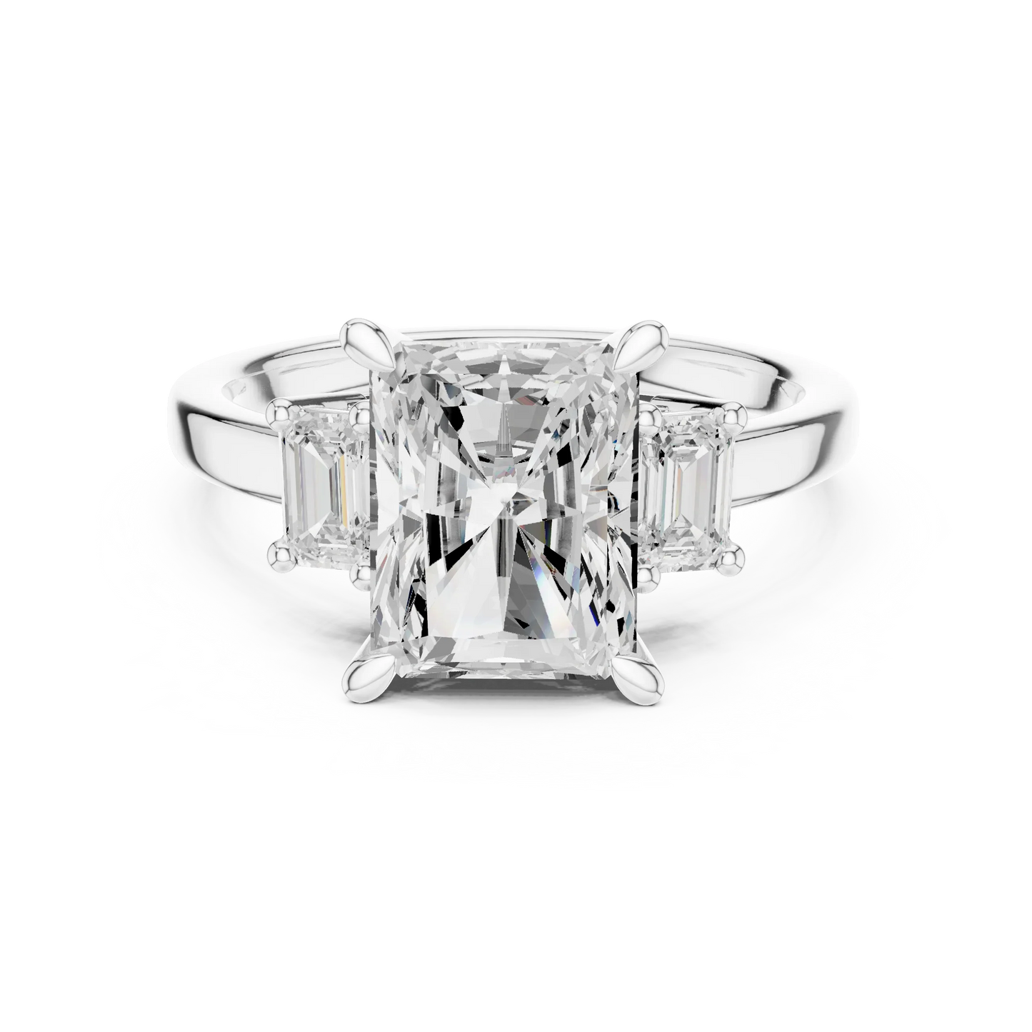 Radiant three stone ring with step cut trapezoid side stones and lab-grown diamonds in white gold, elegant and timeless design, Australia collection