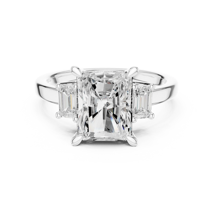 Radiant three stone ring with step cut trapezoid side stones and lab-grown diamonds in white gold, elegant and timeless design, Australia collection