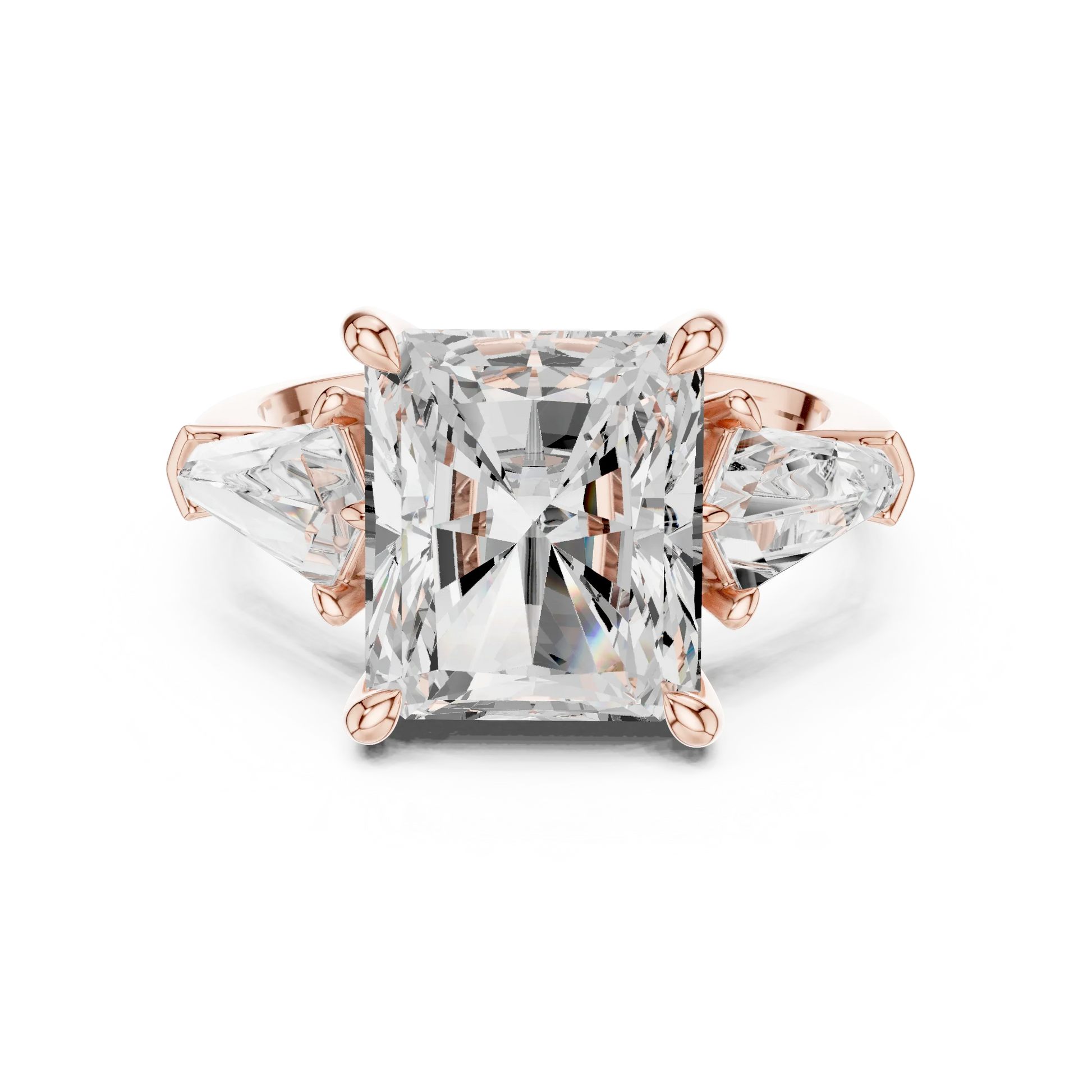Radiant three stone ring with trillion side stones and lab-grown diamonds in rose gold with modern romantic finish