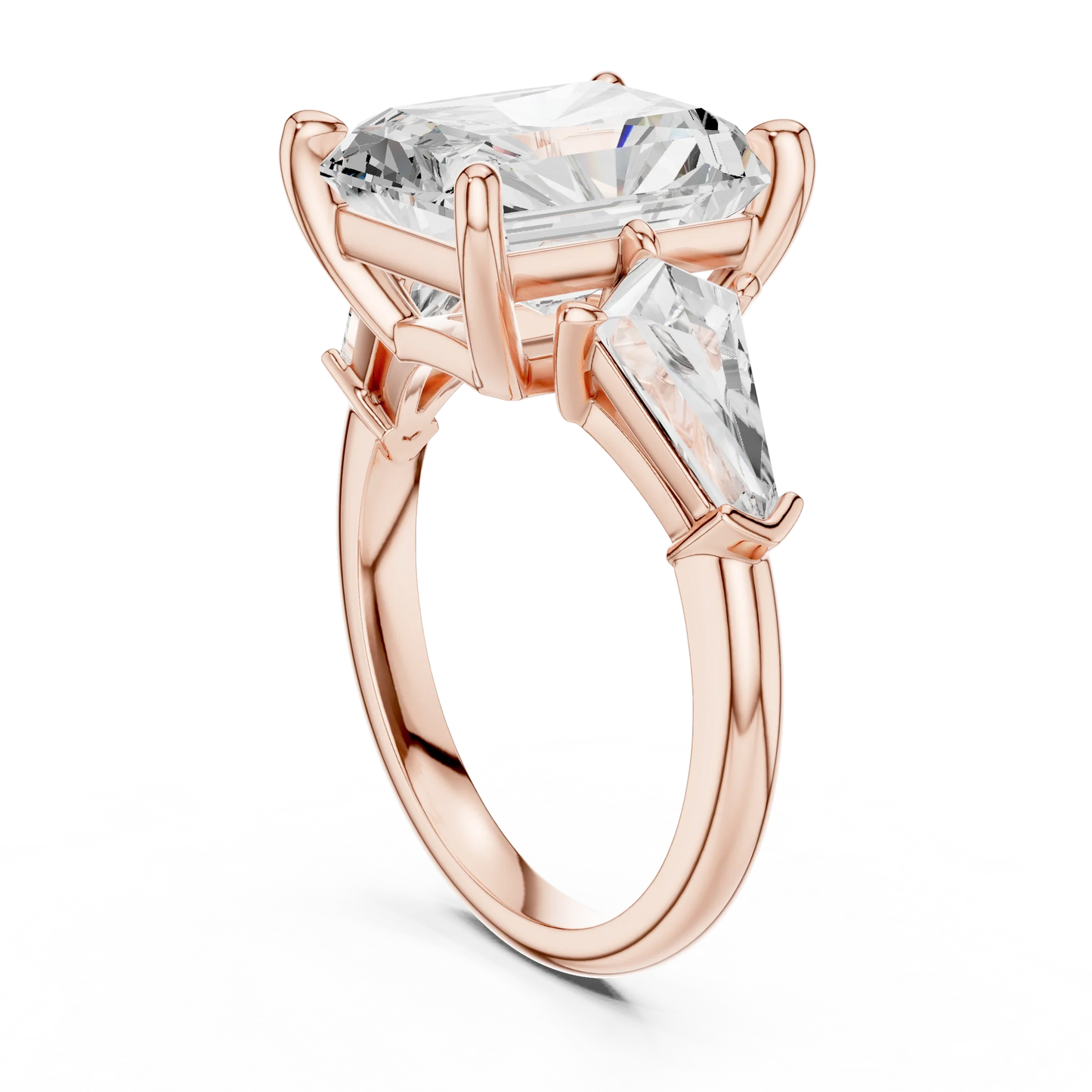 Back view of rose gold radiant three stone ring featuring trillion side stones and polished band