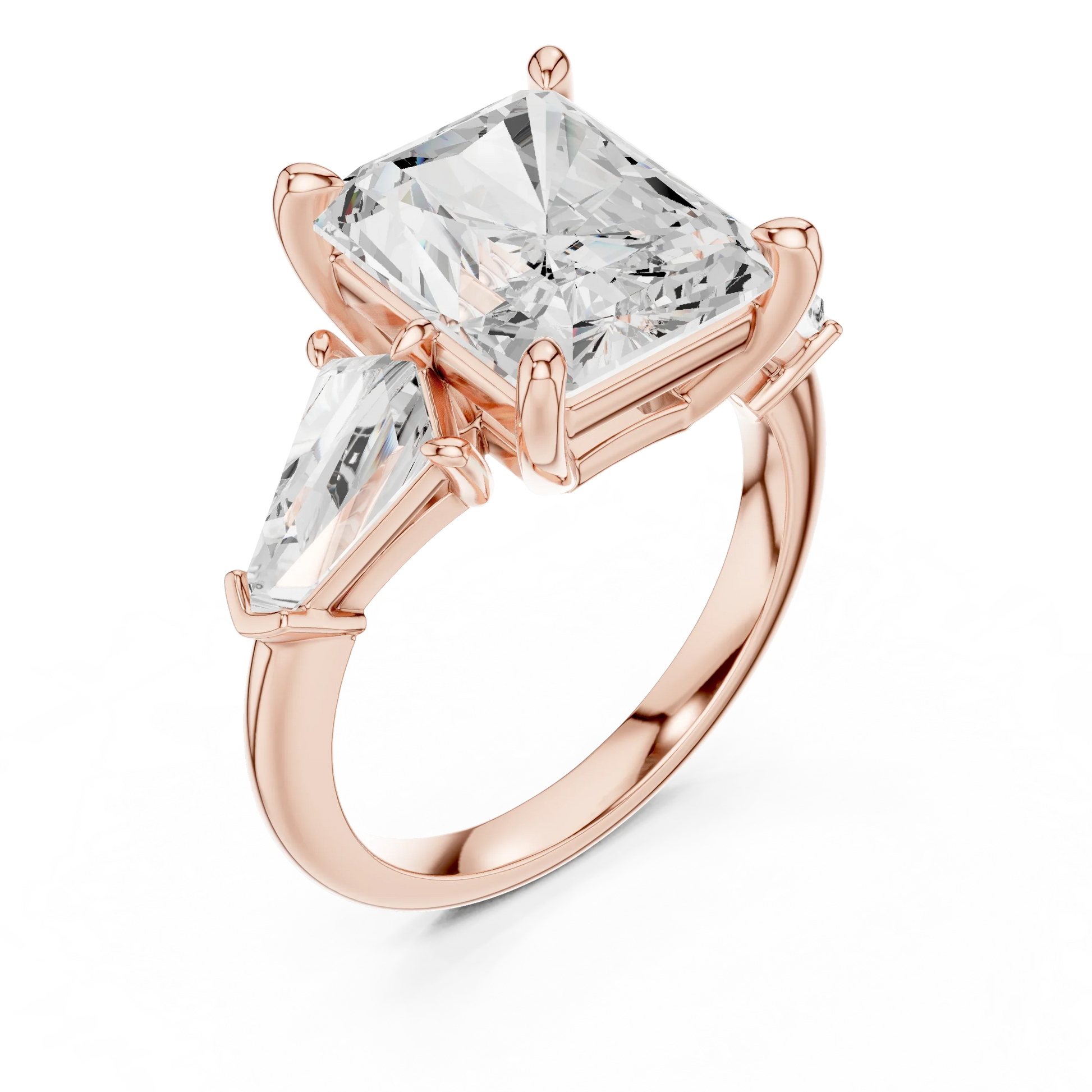 Front view of rose gold radiant three stone ring with trillion side stones and lab-grown diamonds