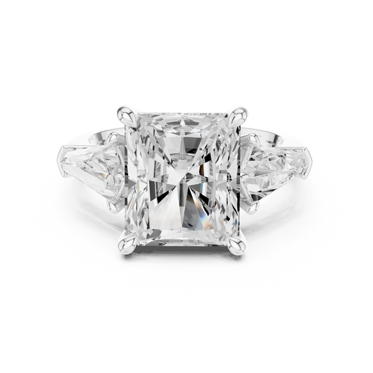 Radiant three stone ring with trillion side stones and lab-grown diamonds in white gold, elegant and timeless design, Australia collection