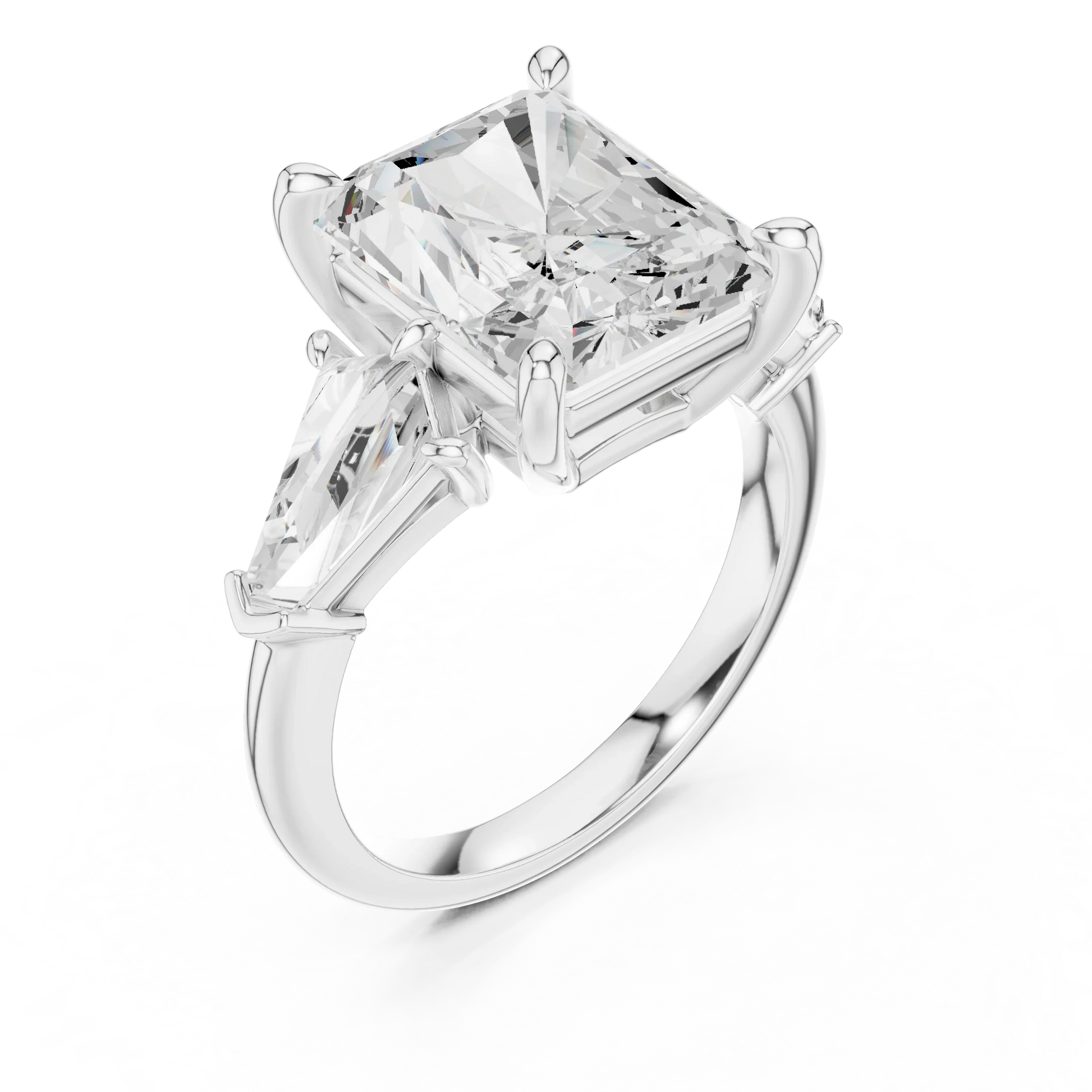 Front view of white gold radiant three stone ring with trillion side stones and lab-grown diamonds