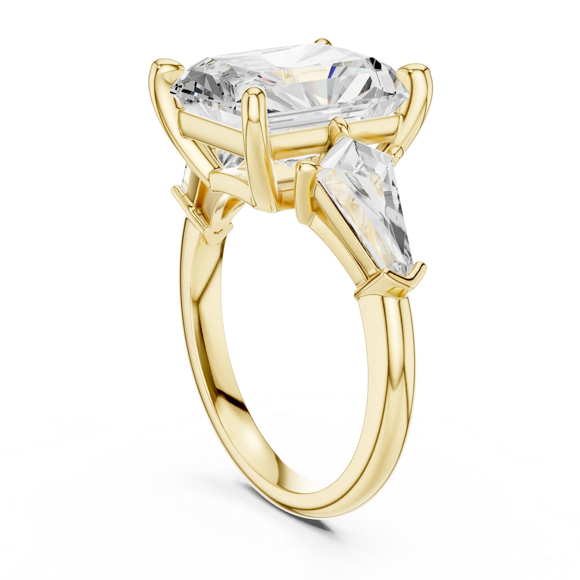 Back view of yellow gold radiant three stone ring featuring trillion side stones and smooth band