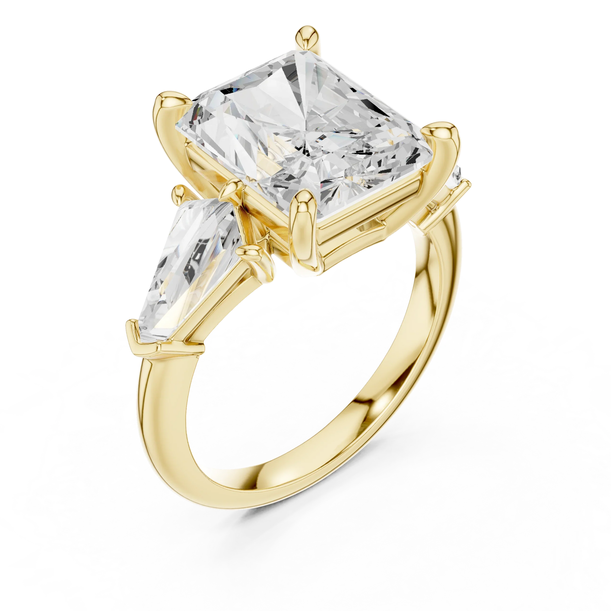Front view of yellow gold radiant three stone ring with trillion side stones and lab-grown diamonds
