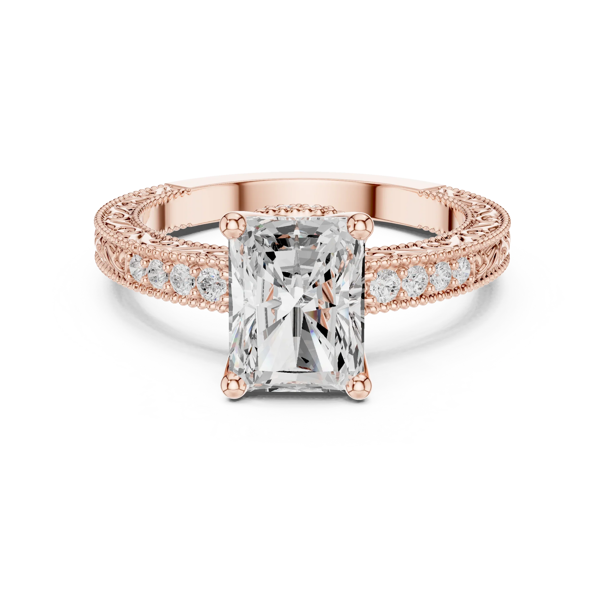 Radiant vintage filigree ring in rose gold with milgrain, channel set diamond band and lab-grown diamond – Australia